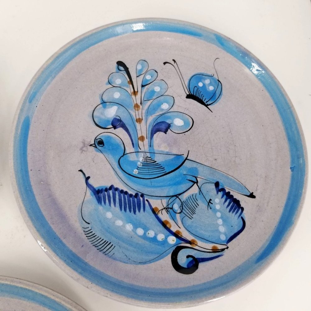 Tonala Mexican Hand Painted Blue Speckled Bird Plates 8.5" Pottery Signed Lot 3 - Picture 3 of 11